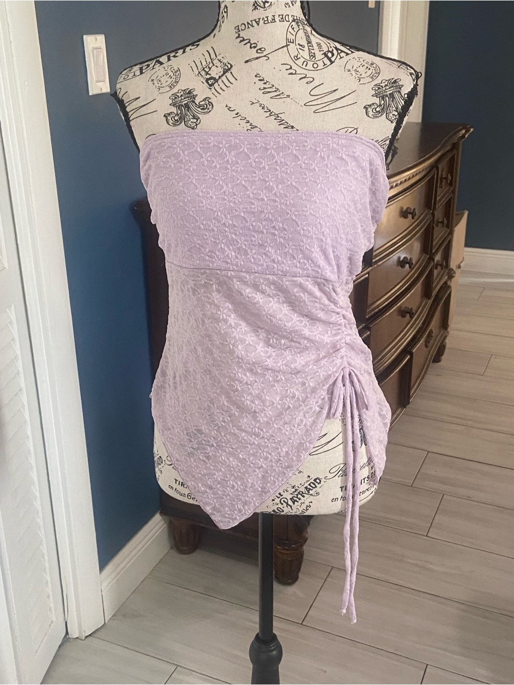 See You Monday Lavender Lace Strapless Ruched Side Camisole